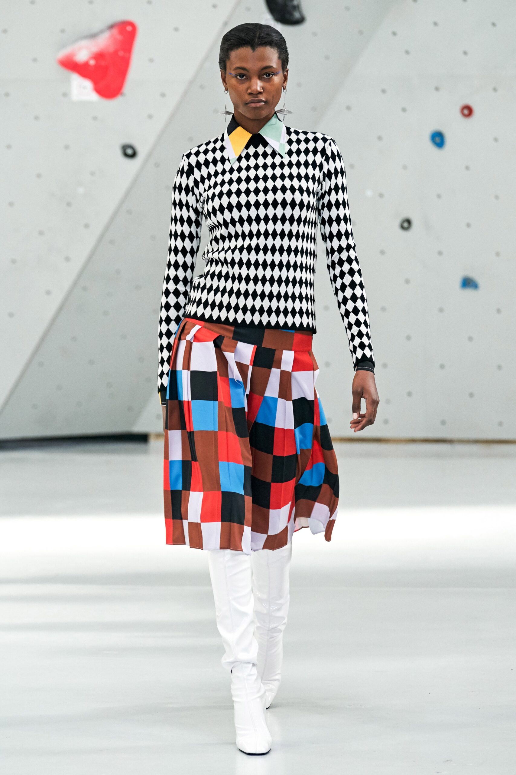 black and white checked top with color-blocked skirt