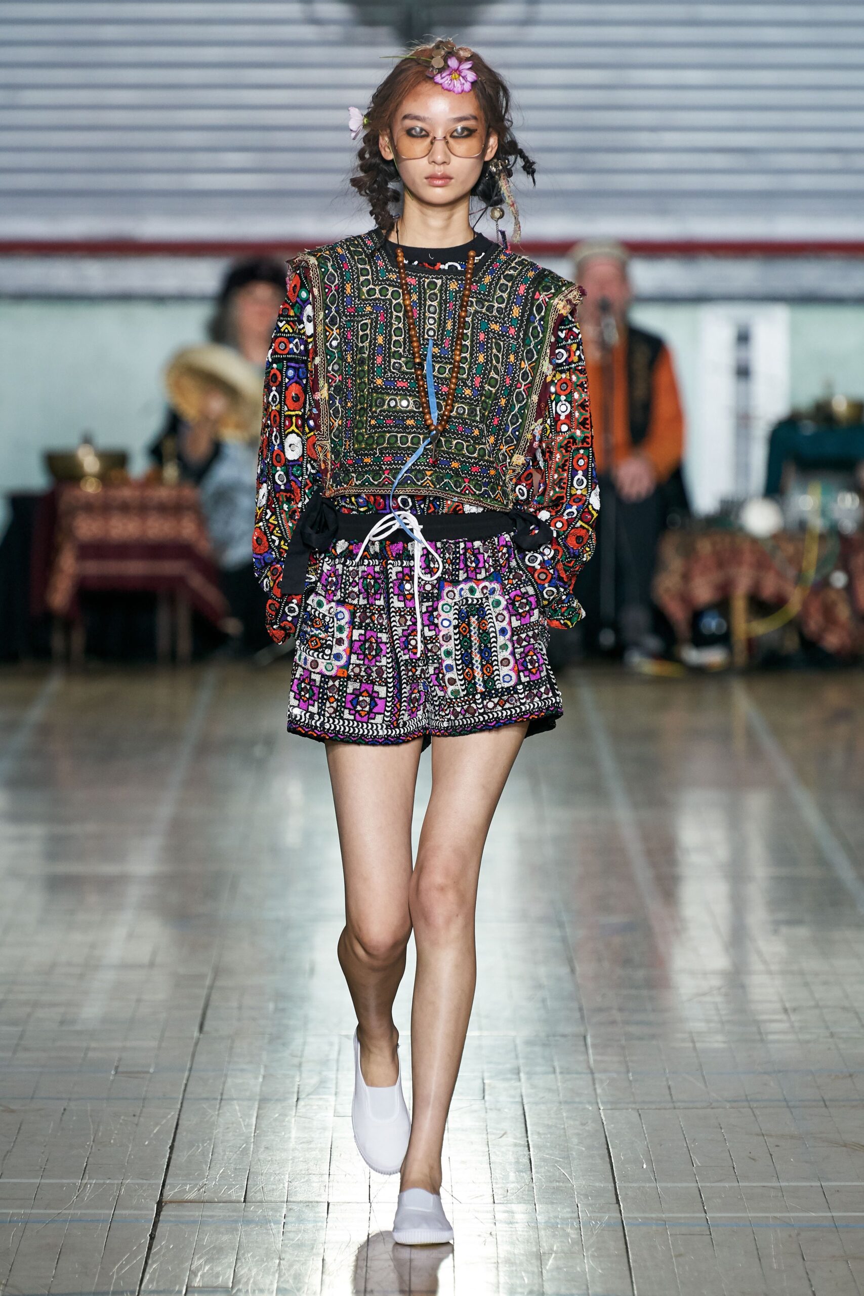multi-colored embroidered top and shorts