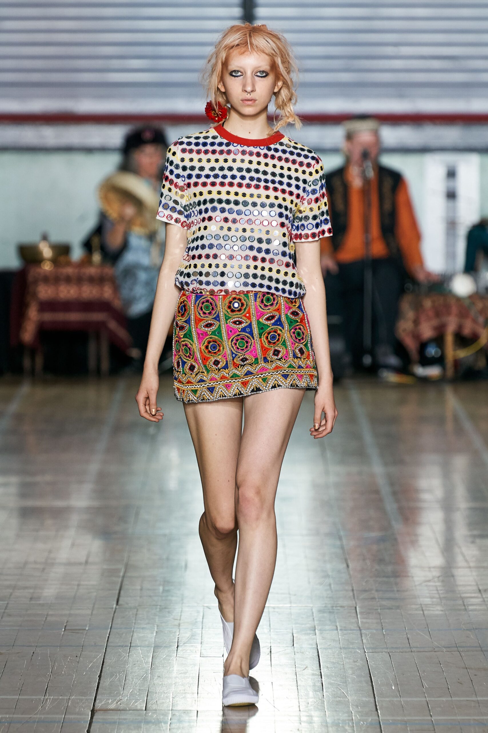 colorful embroidered mini skirt and top