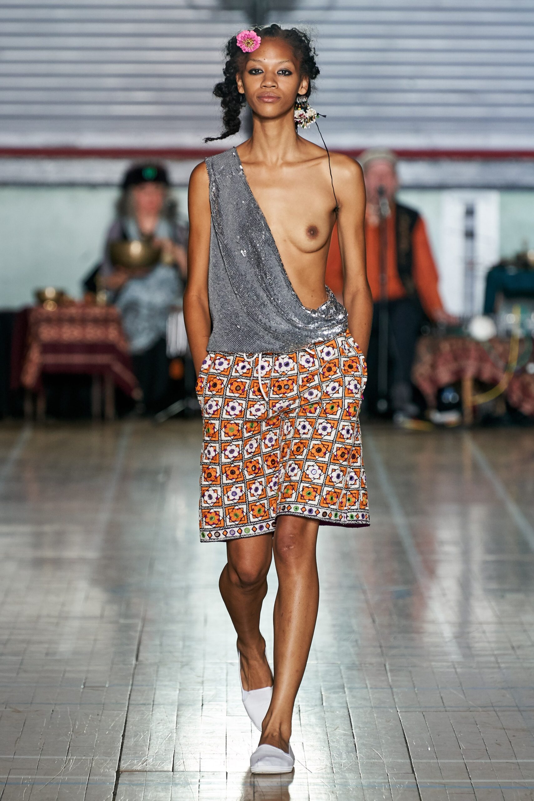 gray sequined halterneck top with multi skirt