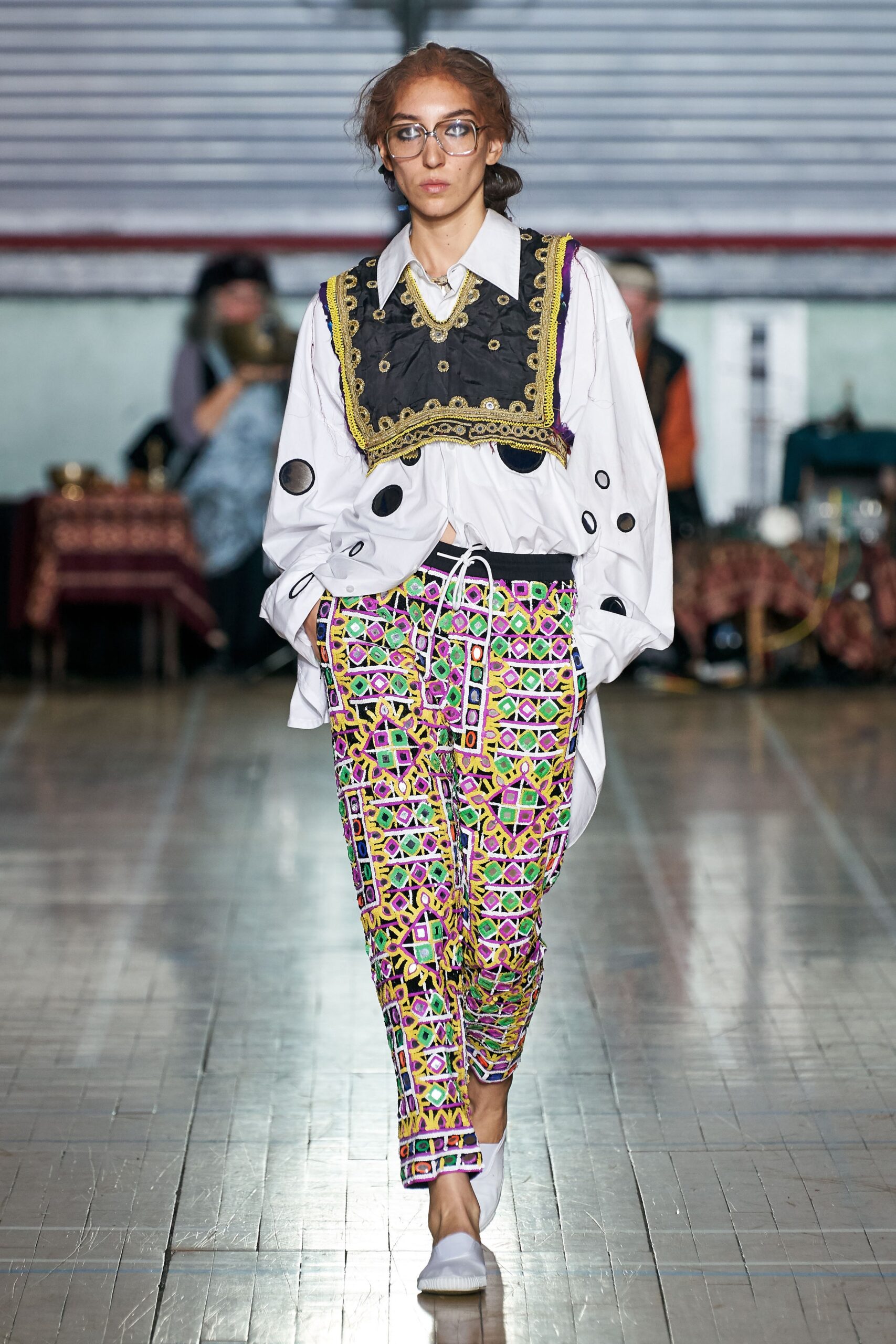 embroidered white top with printed pants