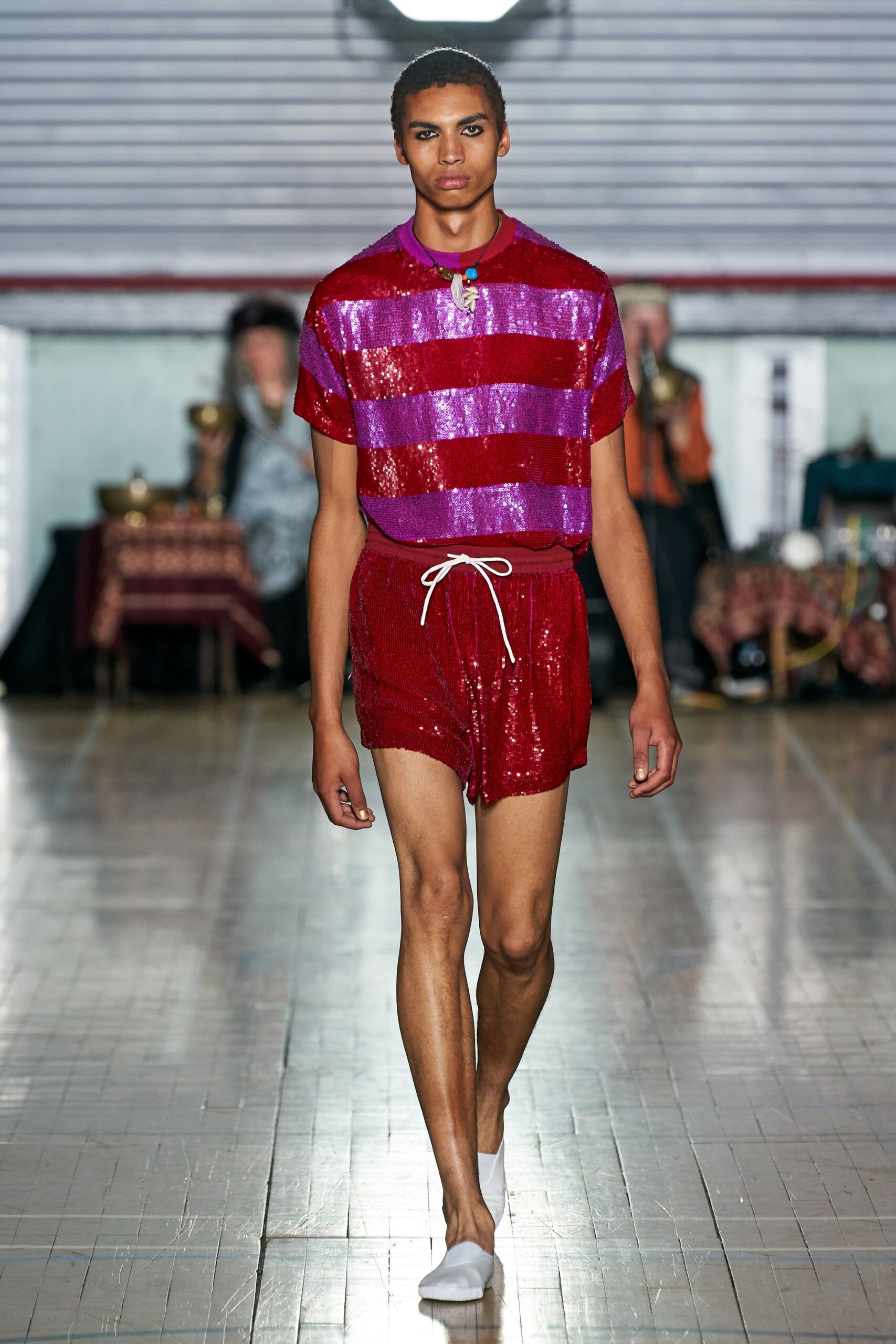red sequin short-sleeve collared fitted striped shiny top