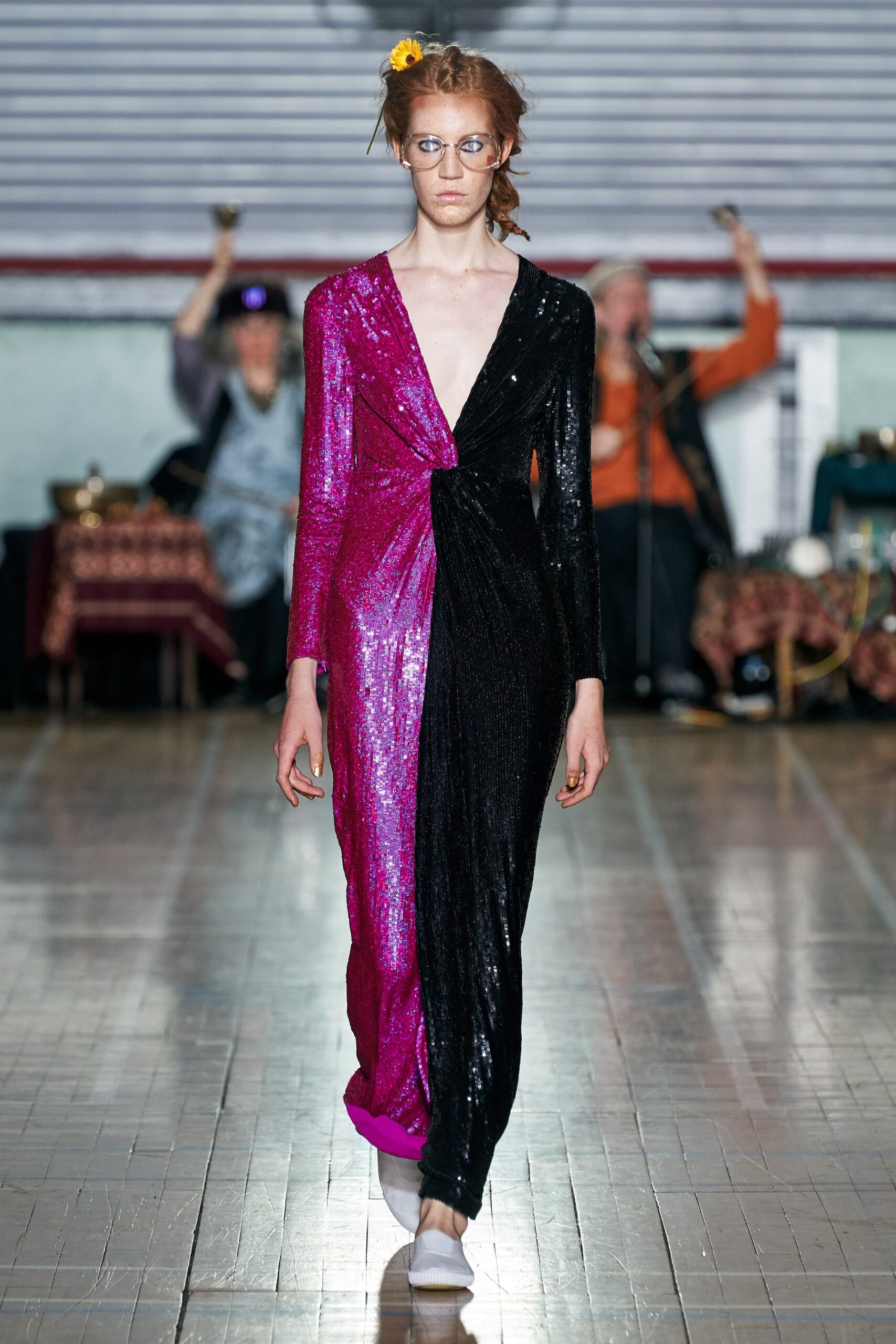 black and pink draped gown