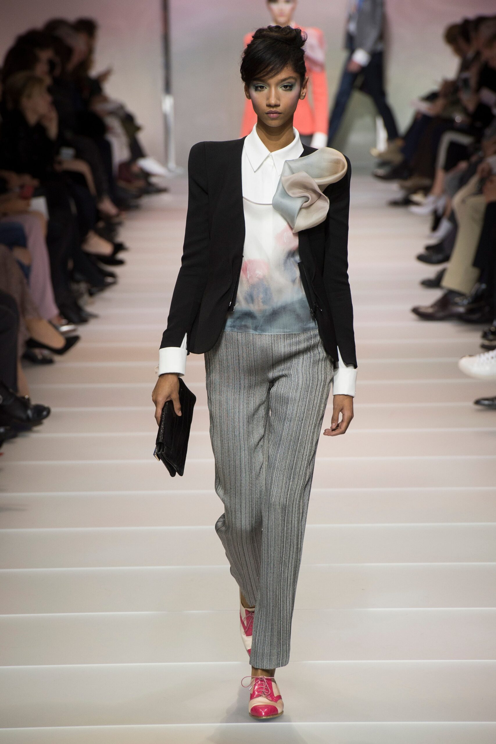 black blazer white shirt gray pants