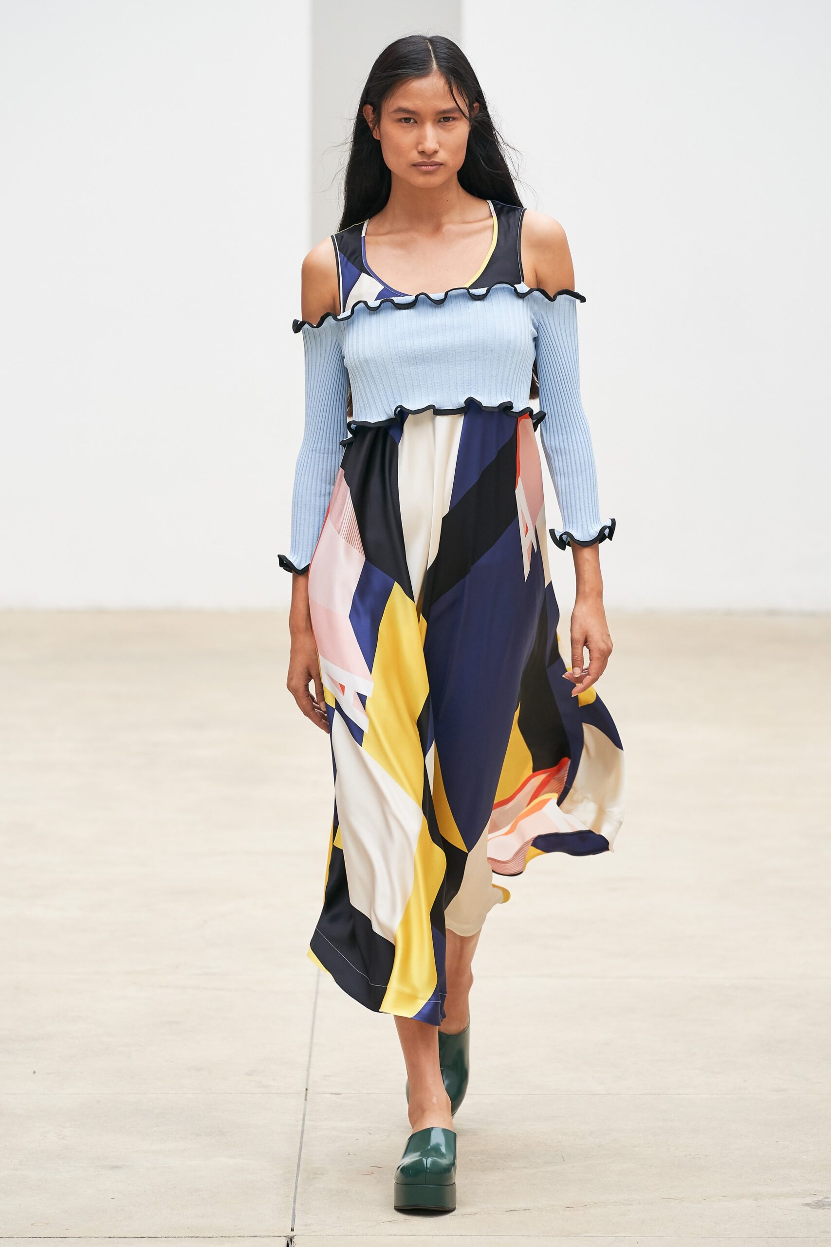 blue and yellow ruffled midi dress