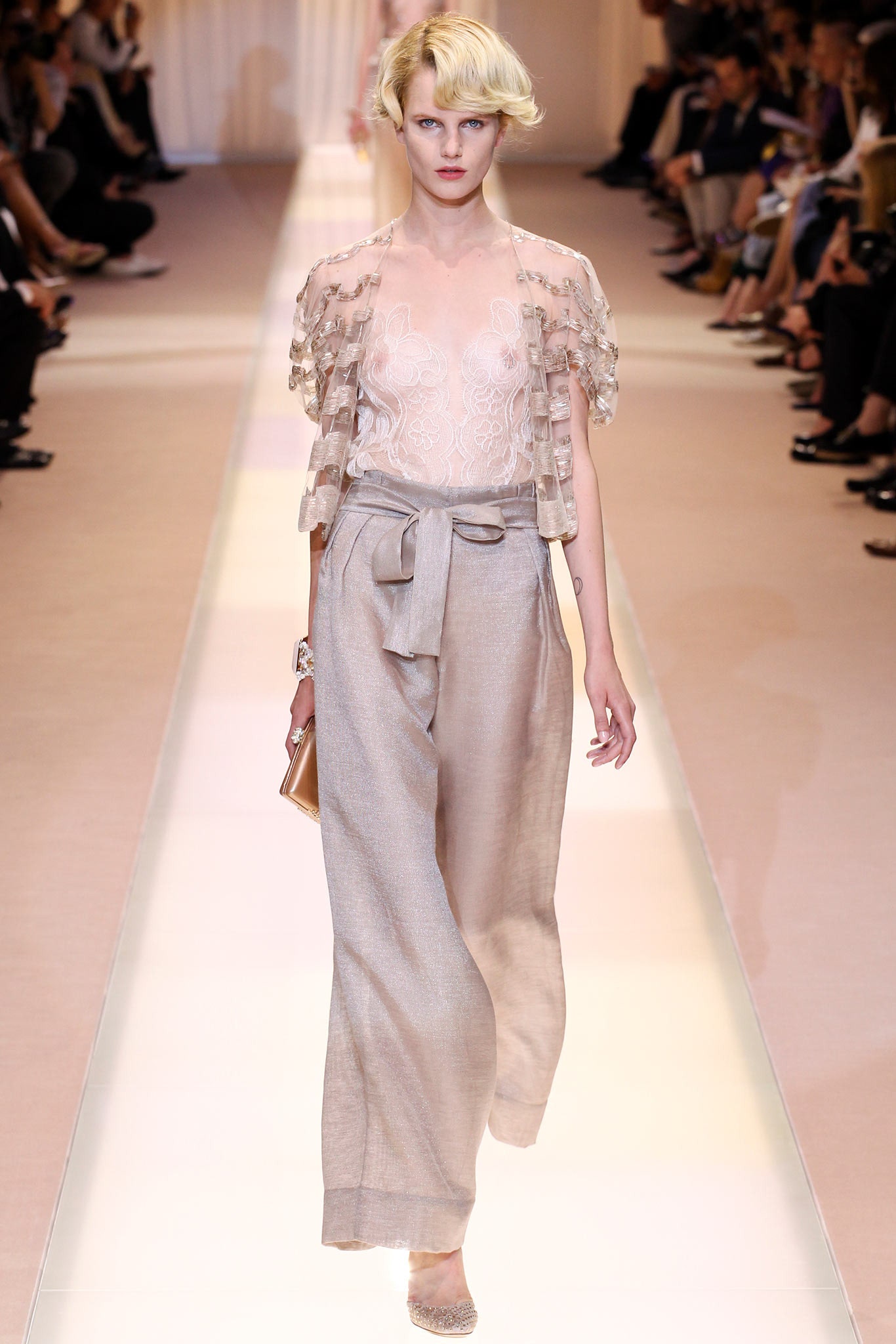 beige silk embroidered top with wide-leg pants