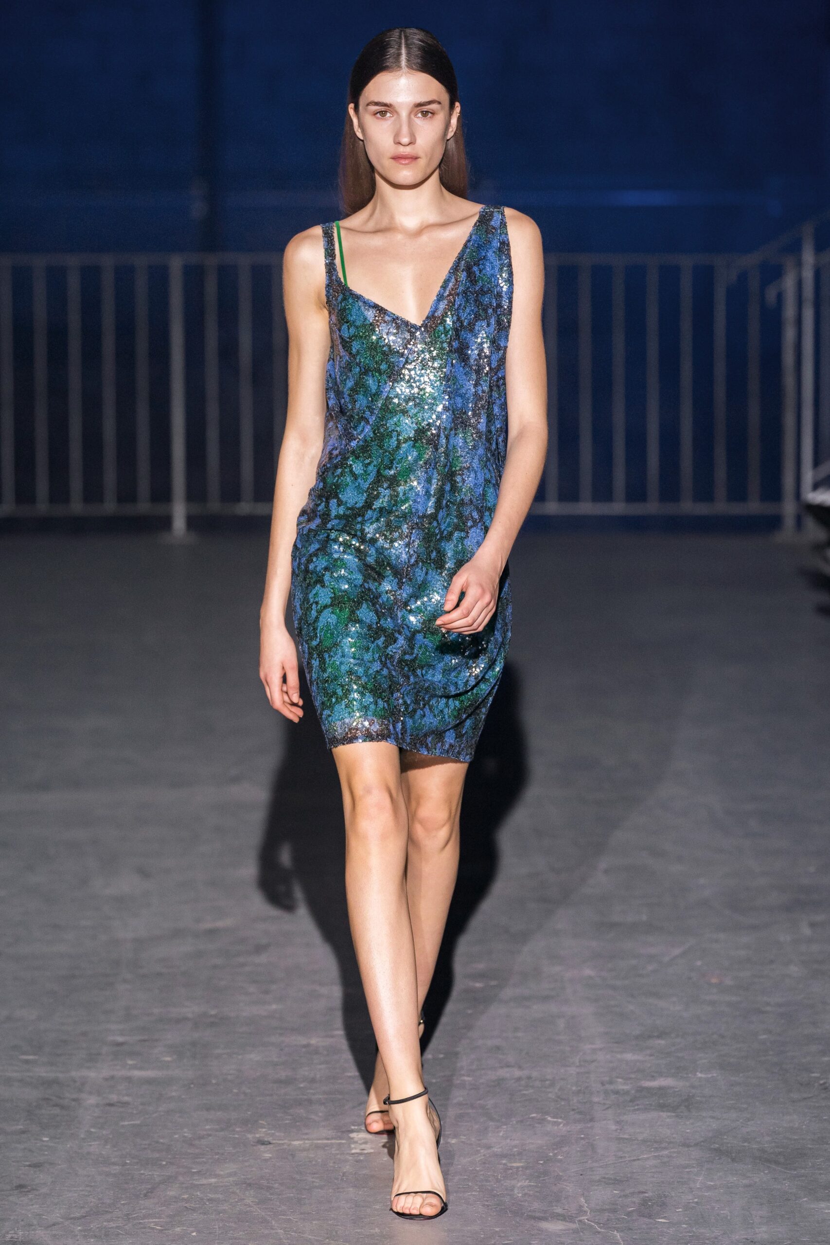 blue green sequined sleeveless dress