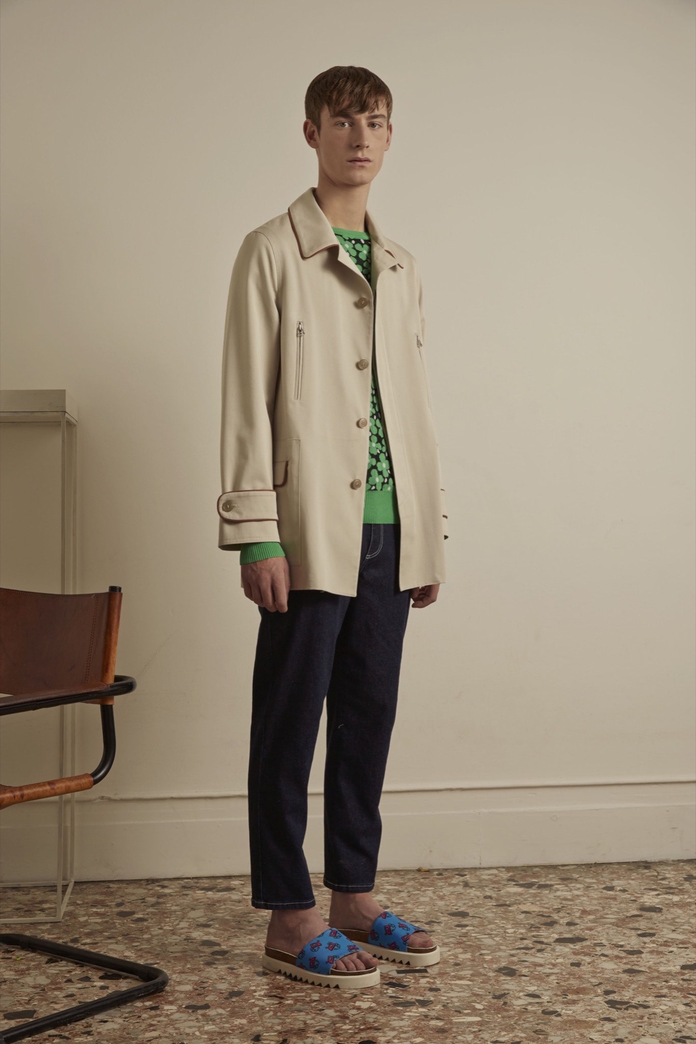 beige relaxed jacket with green top