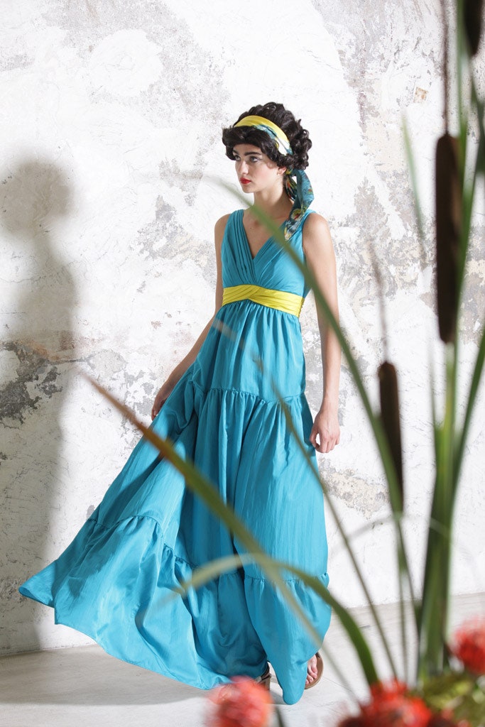 blue tiered maxi dress