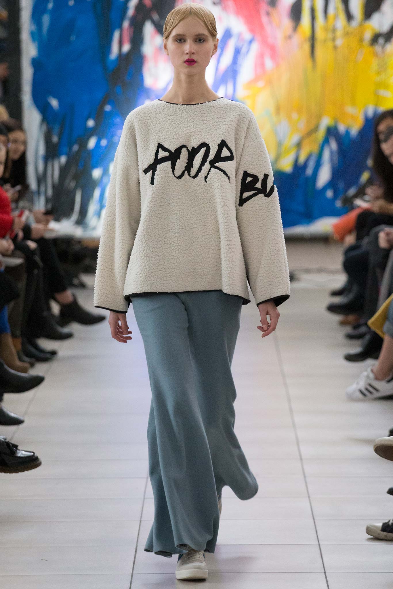 white faux-fur sweater with printed detail