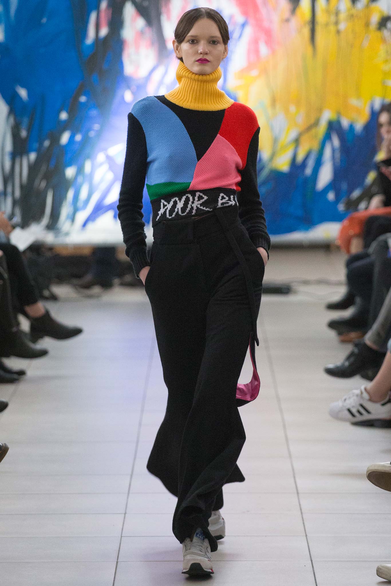 color-blocked turtleneck top with tailored pants