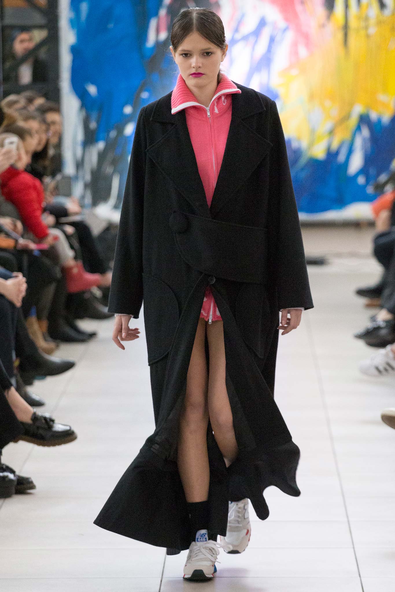 black wool coat with pink dress
