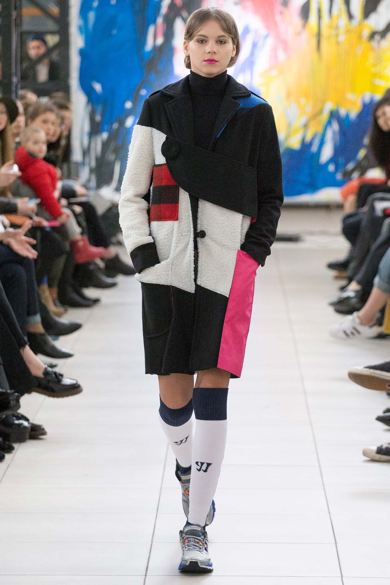 color-blocked wool coat with turtleneck