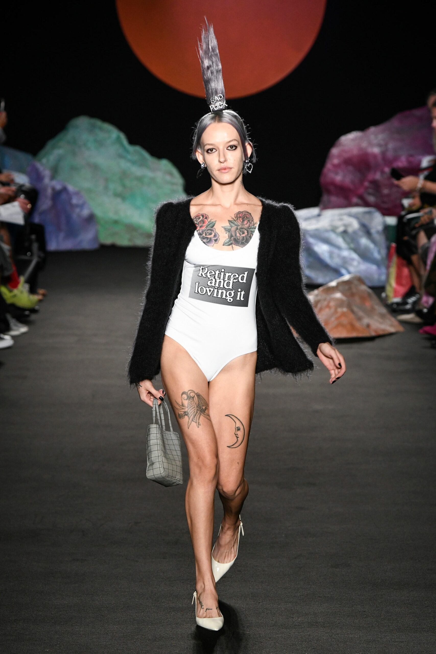 black oversized cardigan with white swimsuit