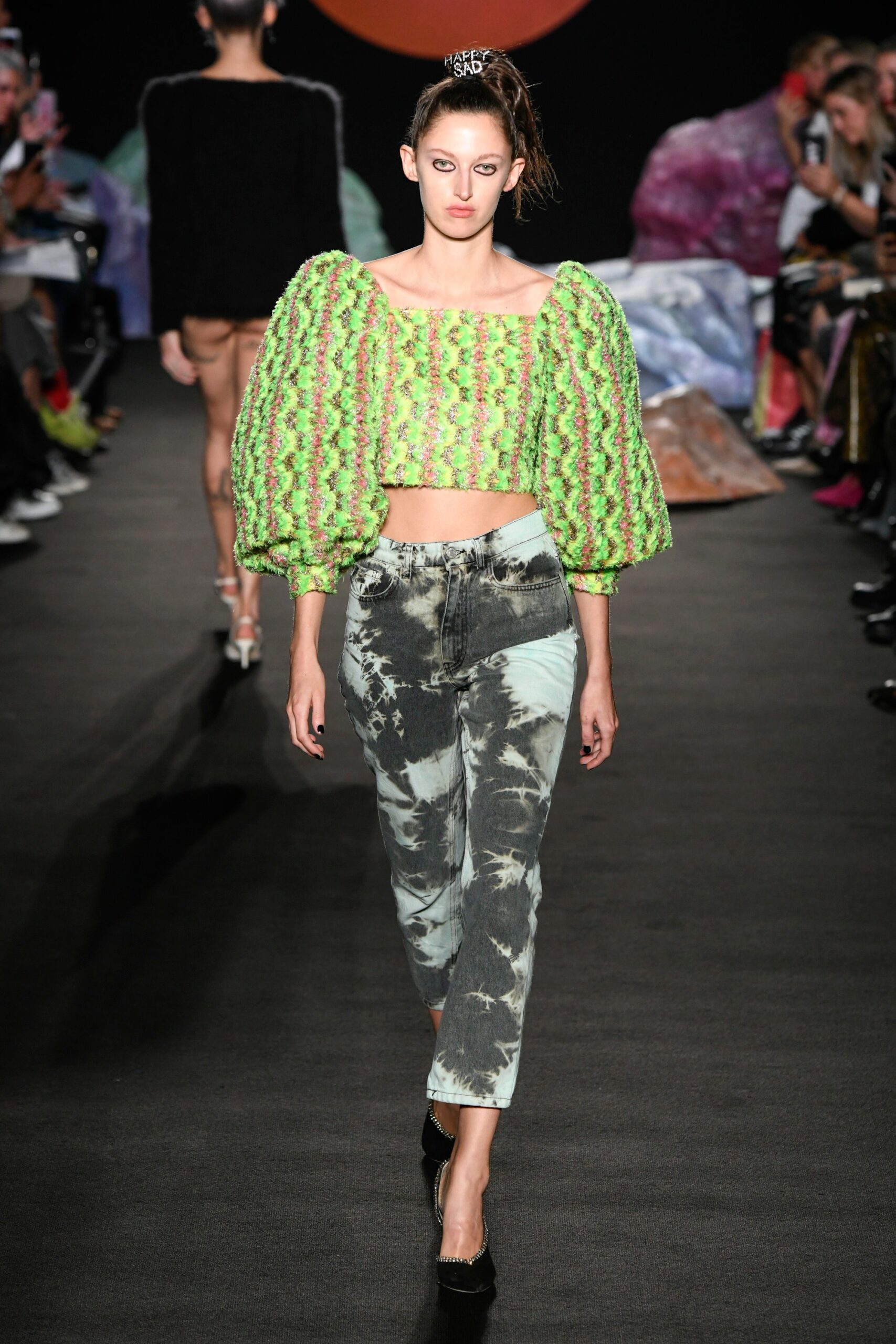 green cotton square-neck fitted padded layered cropped top