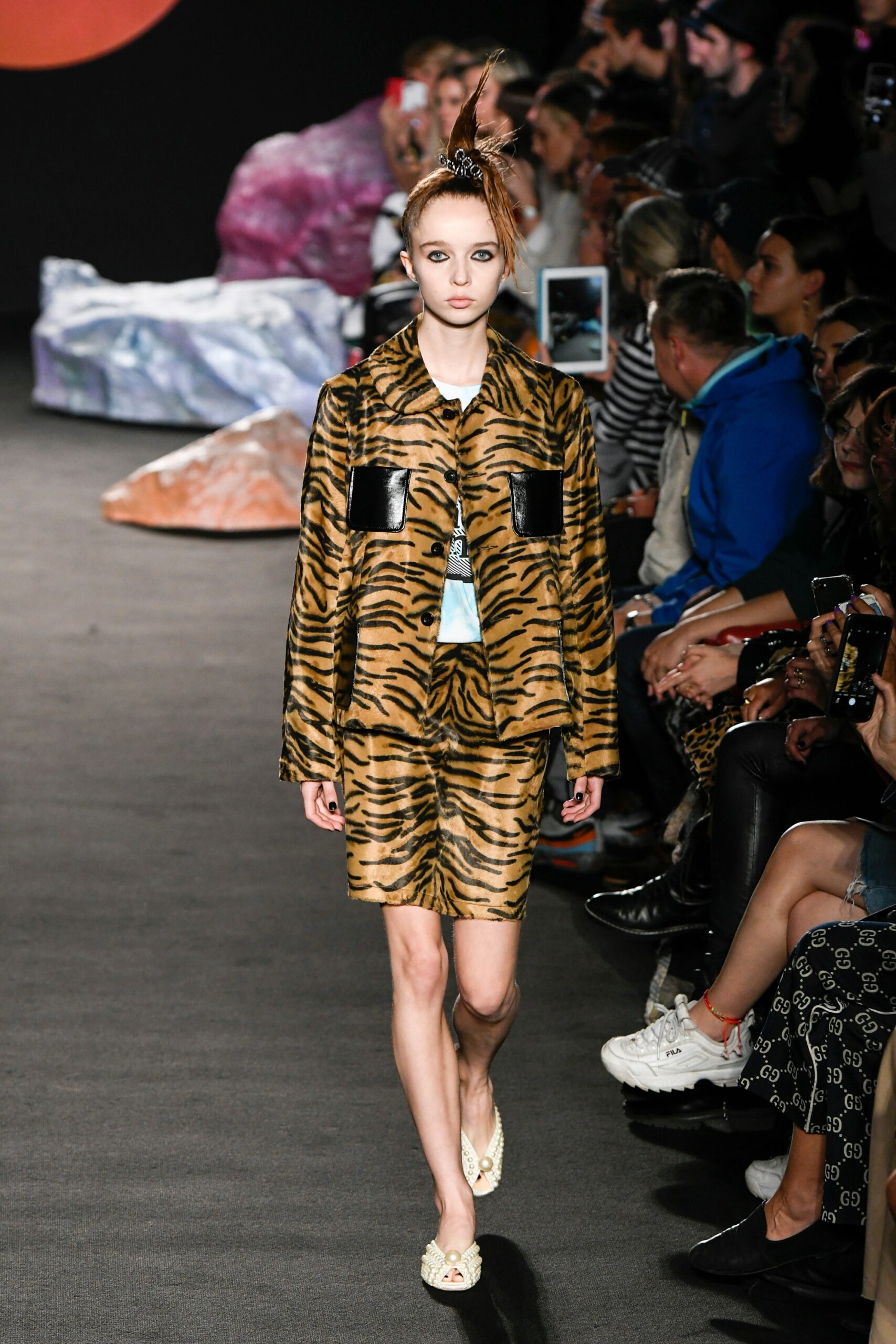 brown black animal-print leather jacket and skirt