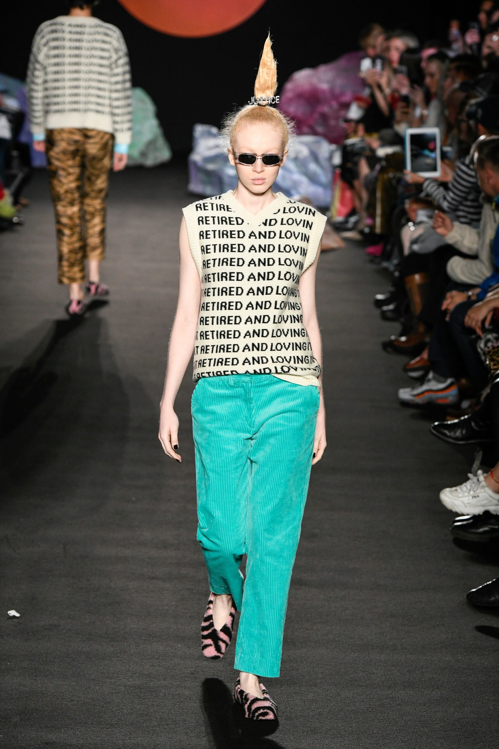 fitted printed top with relaxed teal pants