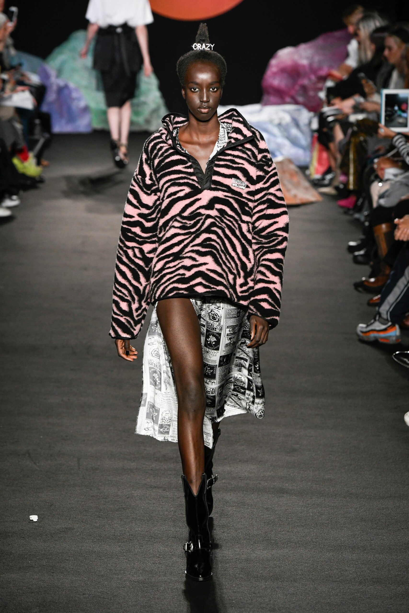 pink black animal-print hoodie and layered skirt