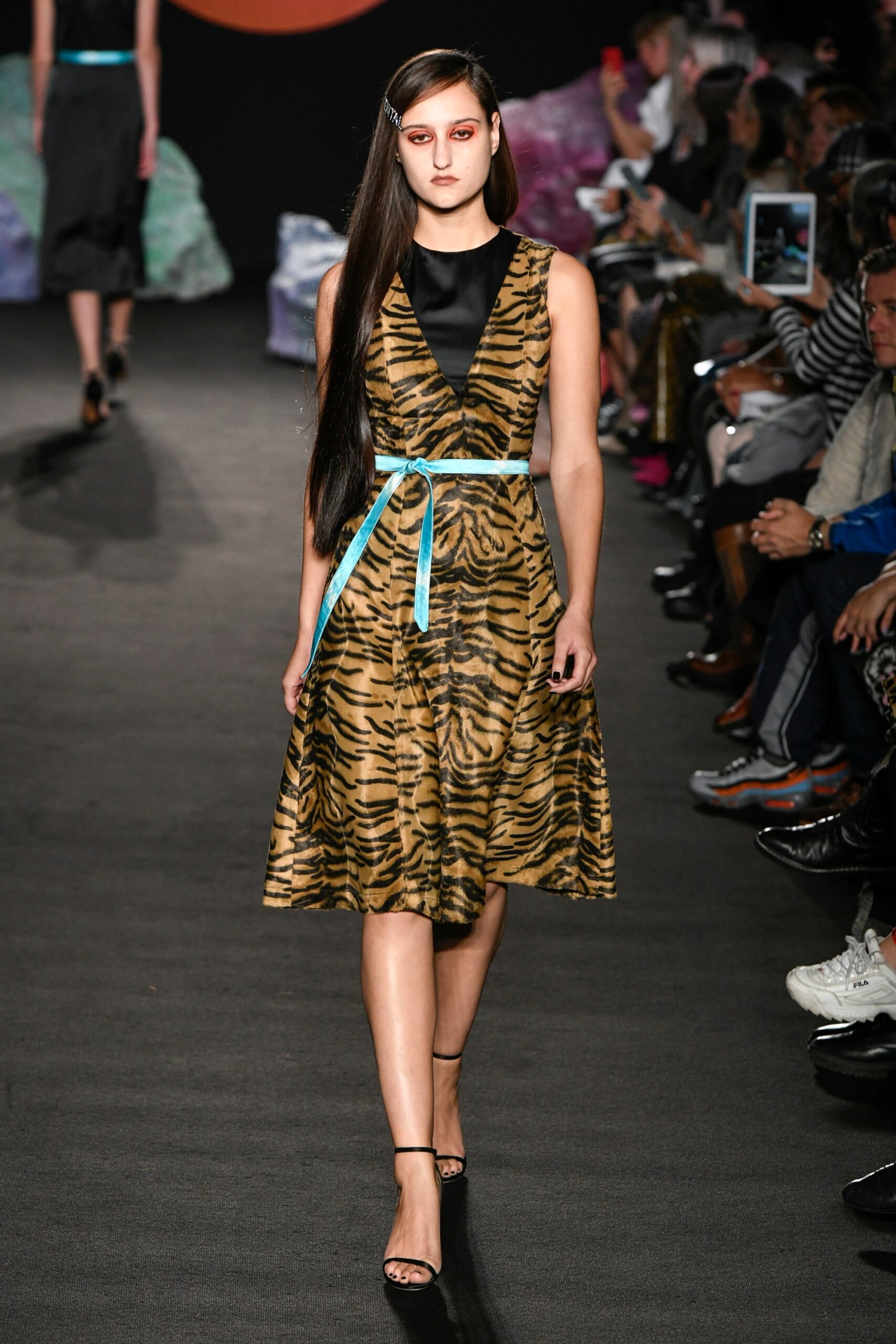 brown and black printed midi dress