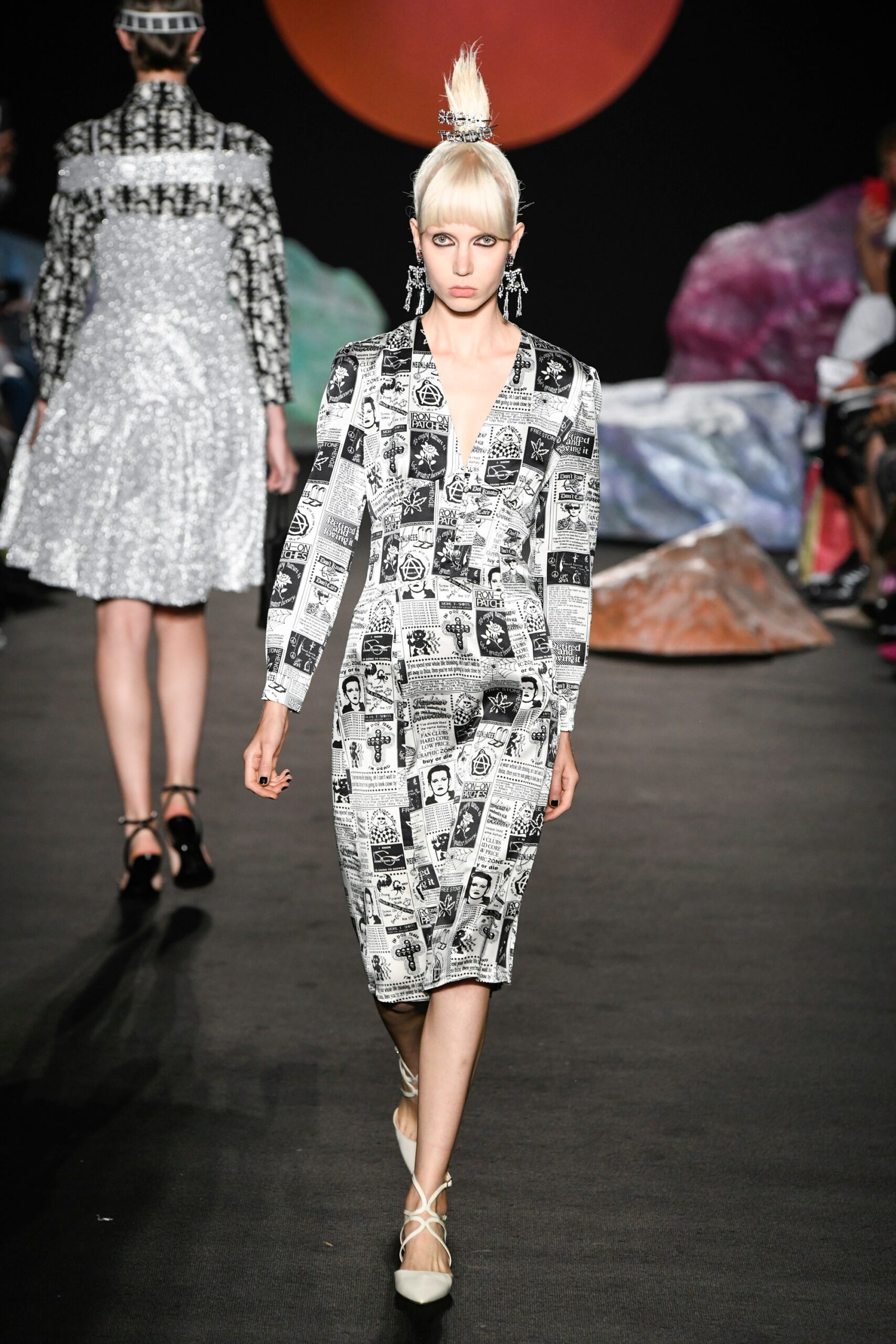 black and white printed midi dress