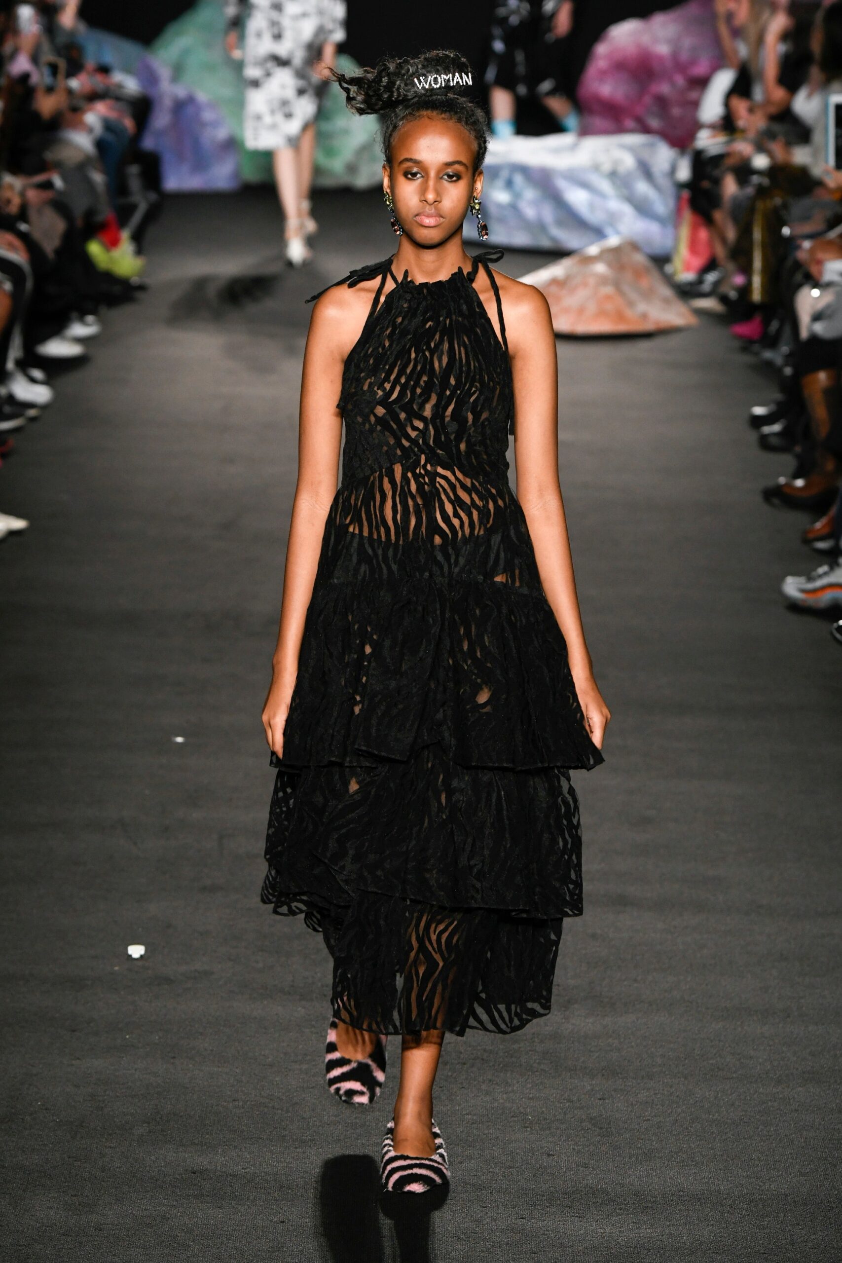 black sheer tiered halter dress