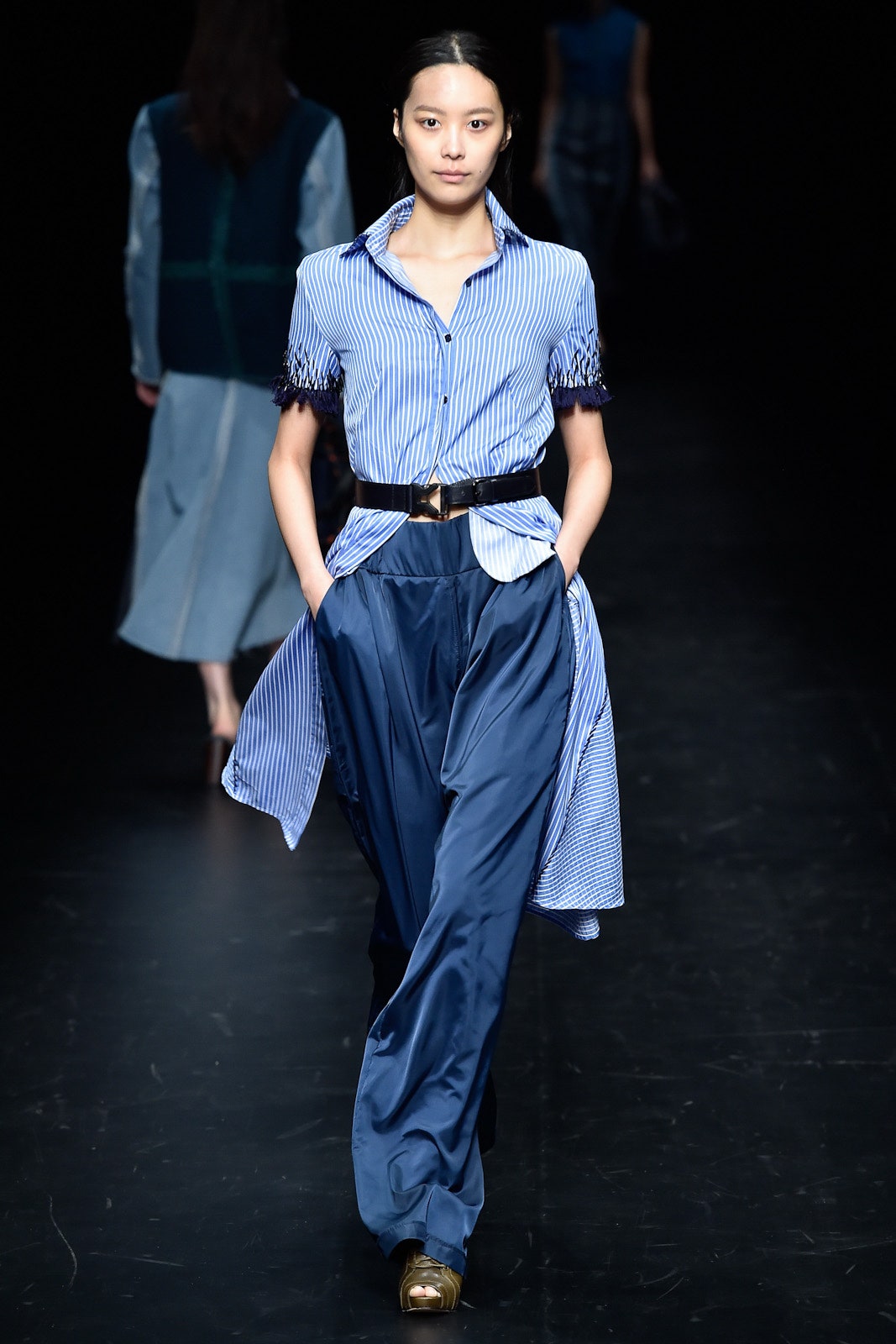 blue and white striped shirt with wide-leg pants