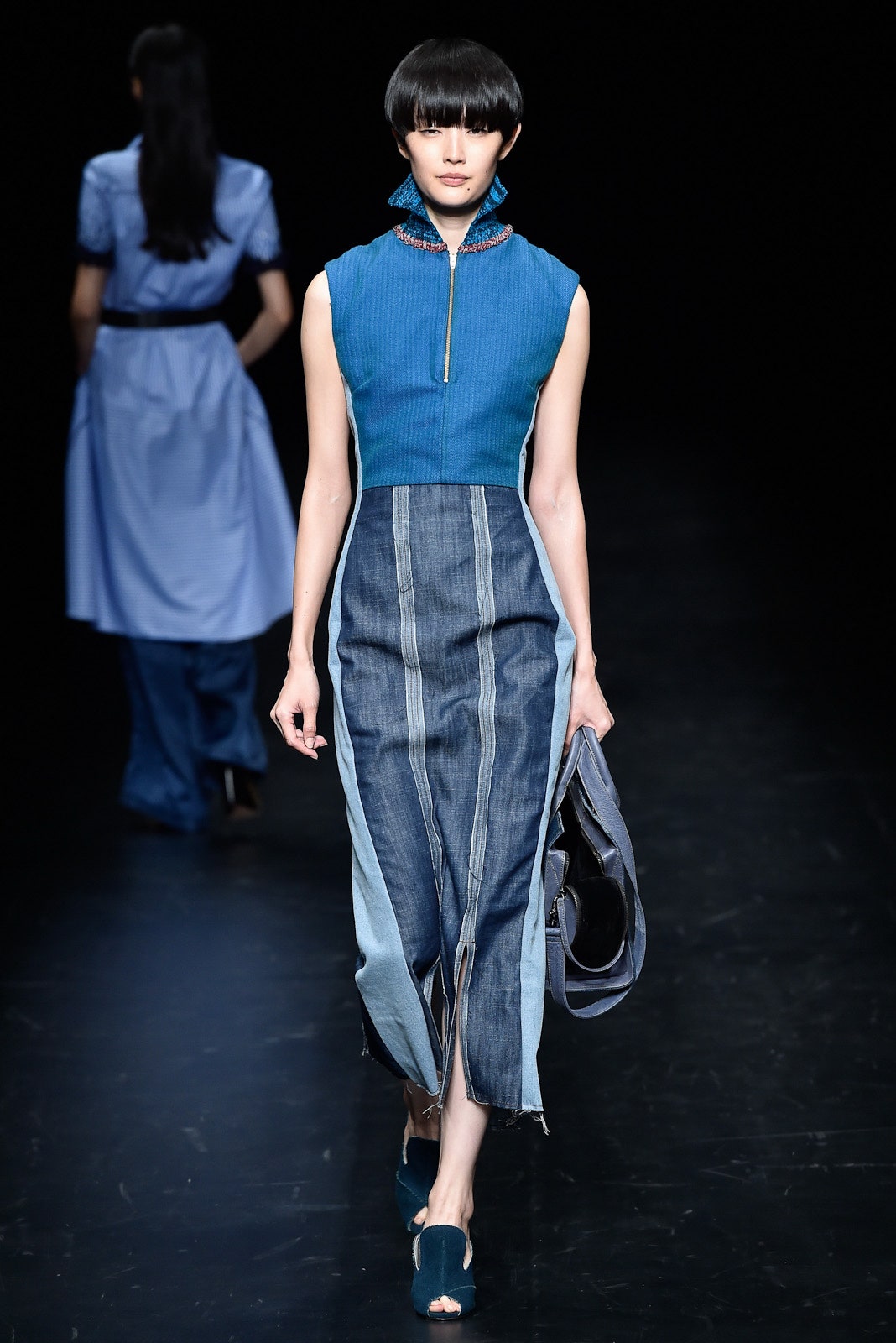 blue denim fitted dress