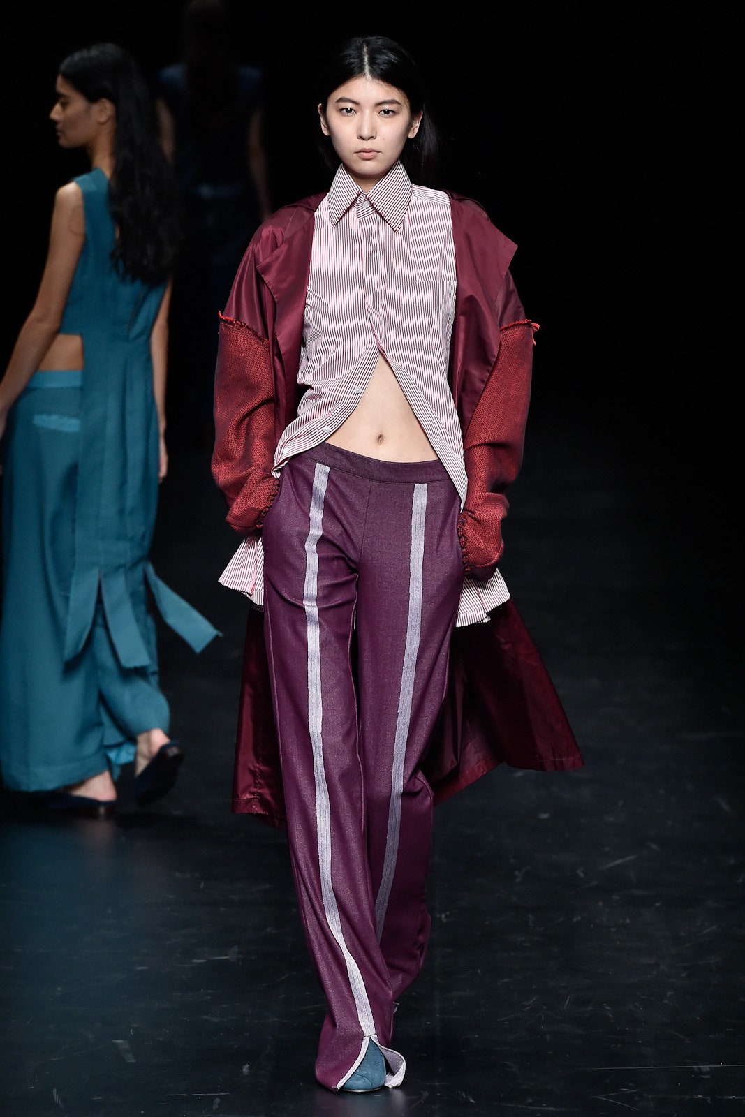 red silk jacket with fitted shirt