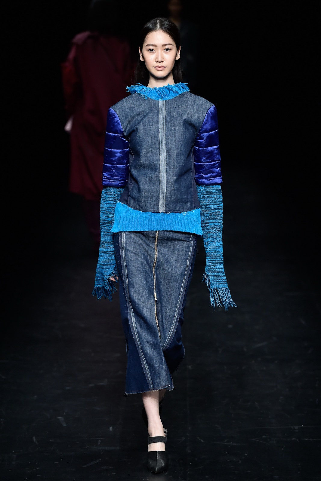 blue denim fitted top and skirt