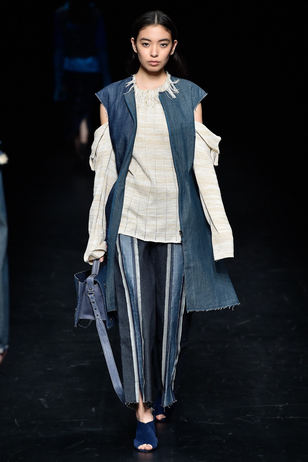 blue denim jacket with beige top