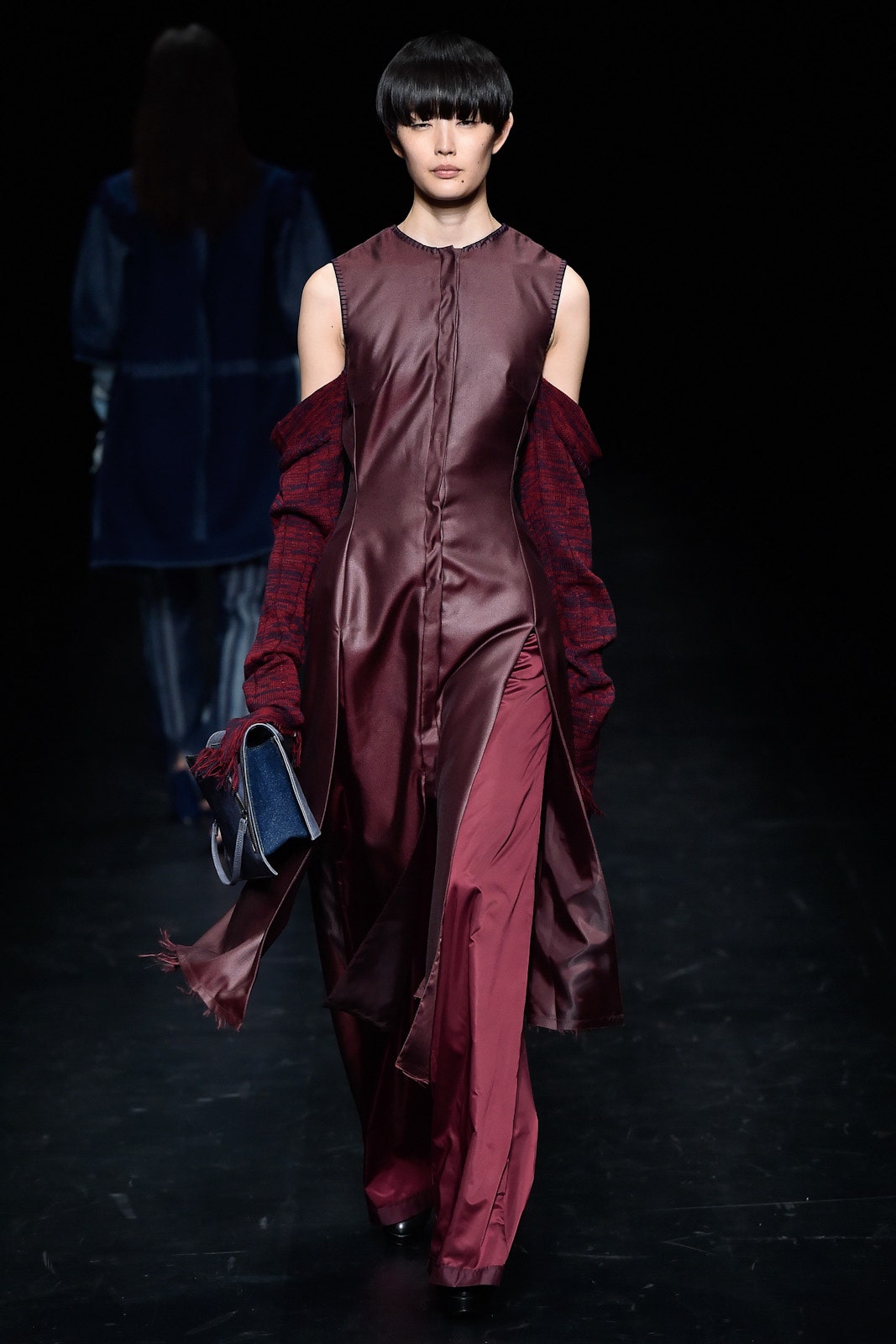 red silk midi dress with oversized jacket