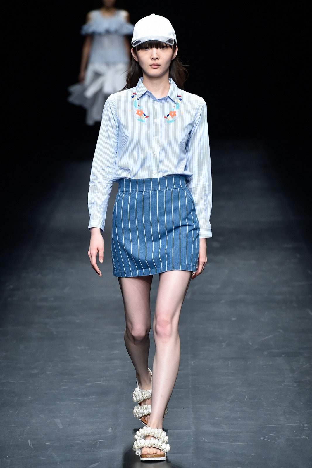 blue and white striped shirt with denim skirt