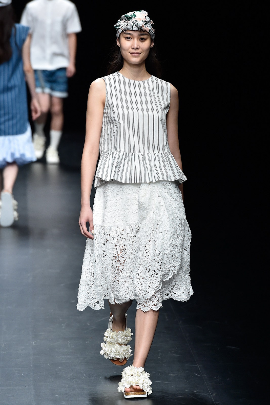 striped peplum top with lace skirt