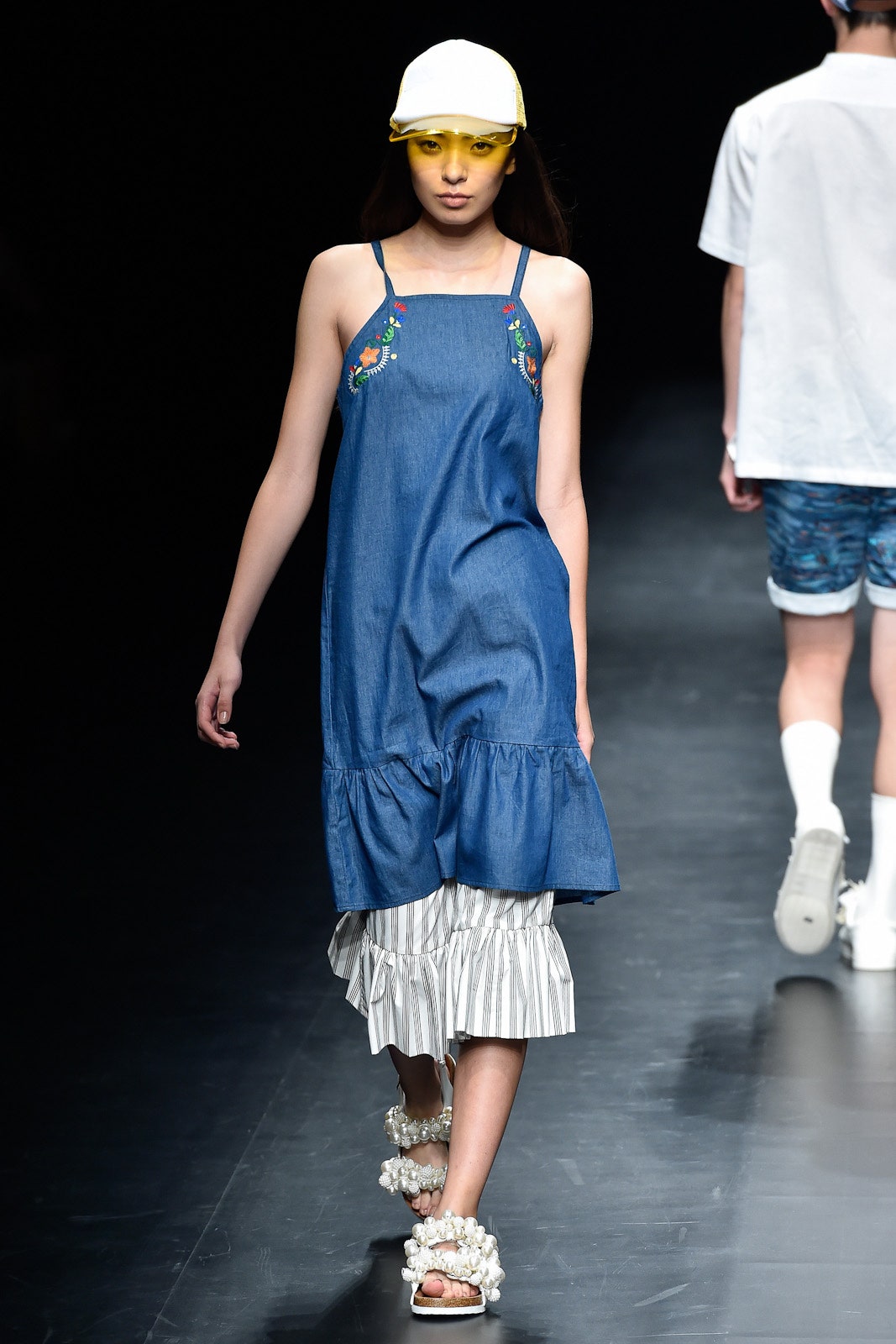 blue denim mini dress with tiered skirt