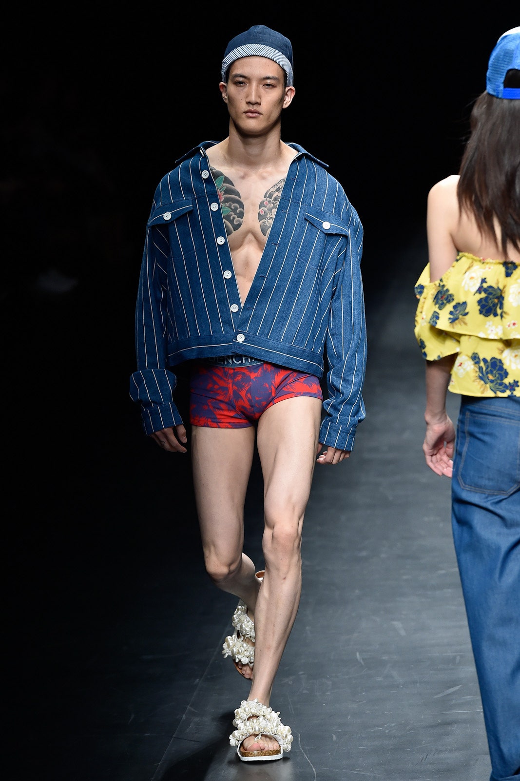 oversized denim shirt with printed shorts