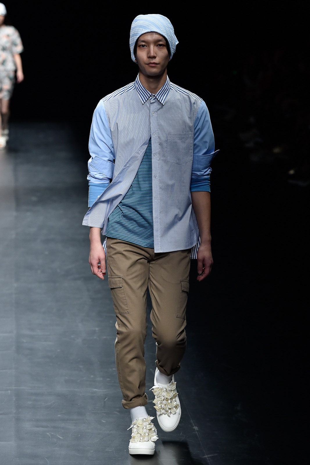 blue and white layered shirt with cargo pants