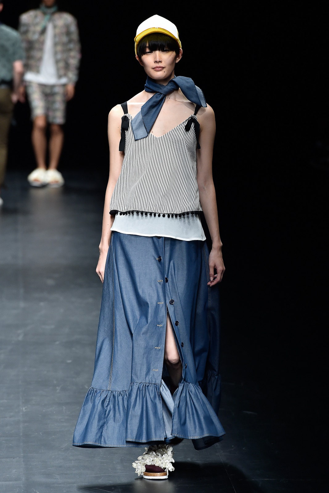 striped top denim midi skirt