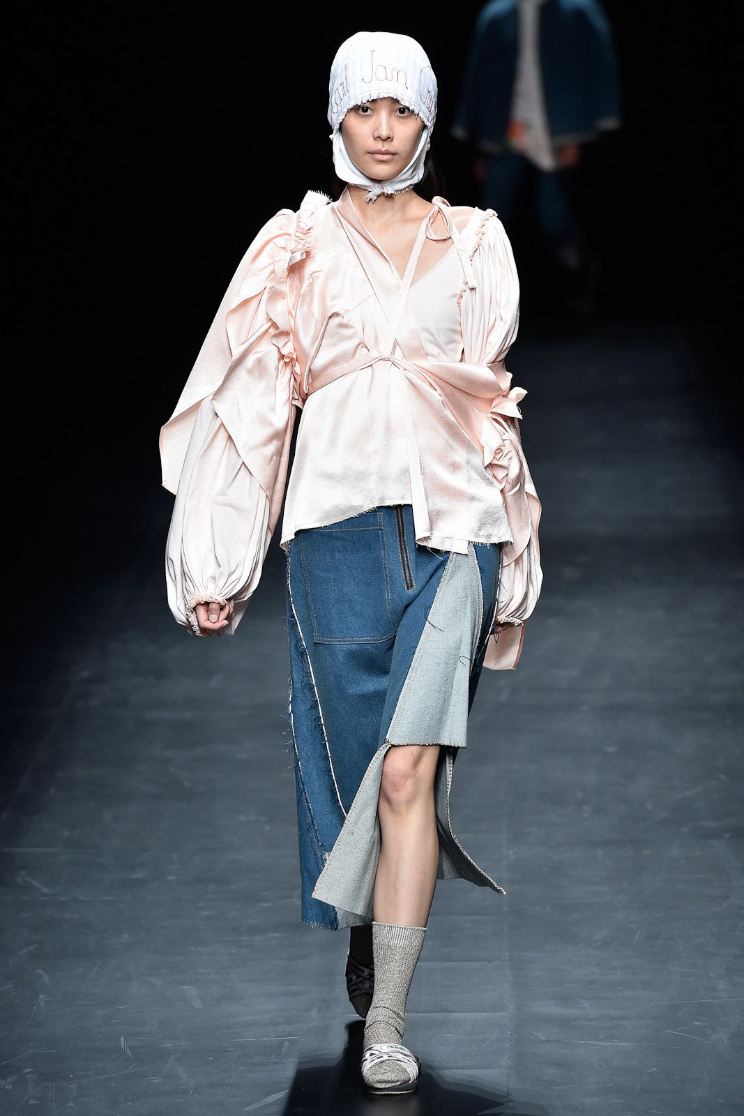 pink silk blouse with denim skirt