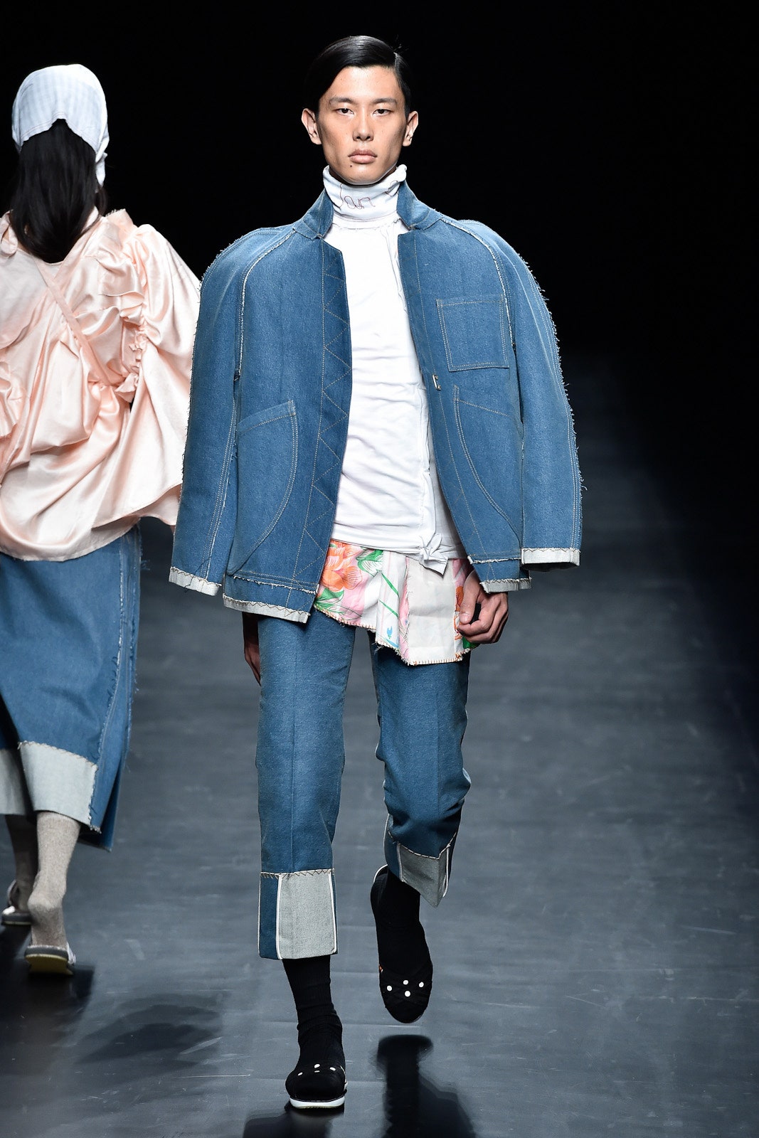 blue denim jacket with white top