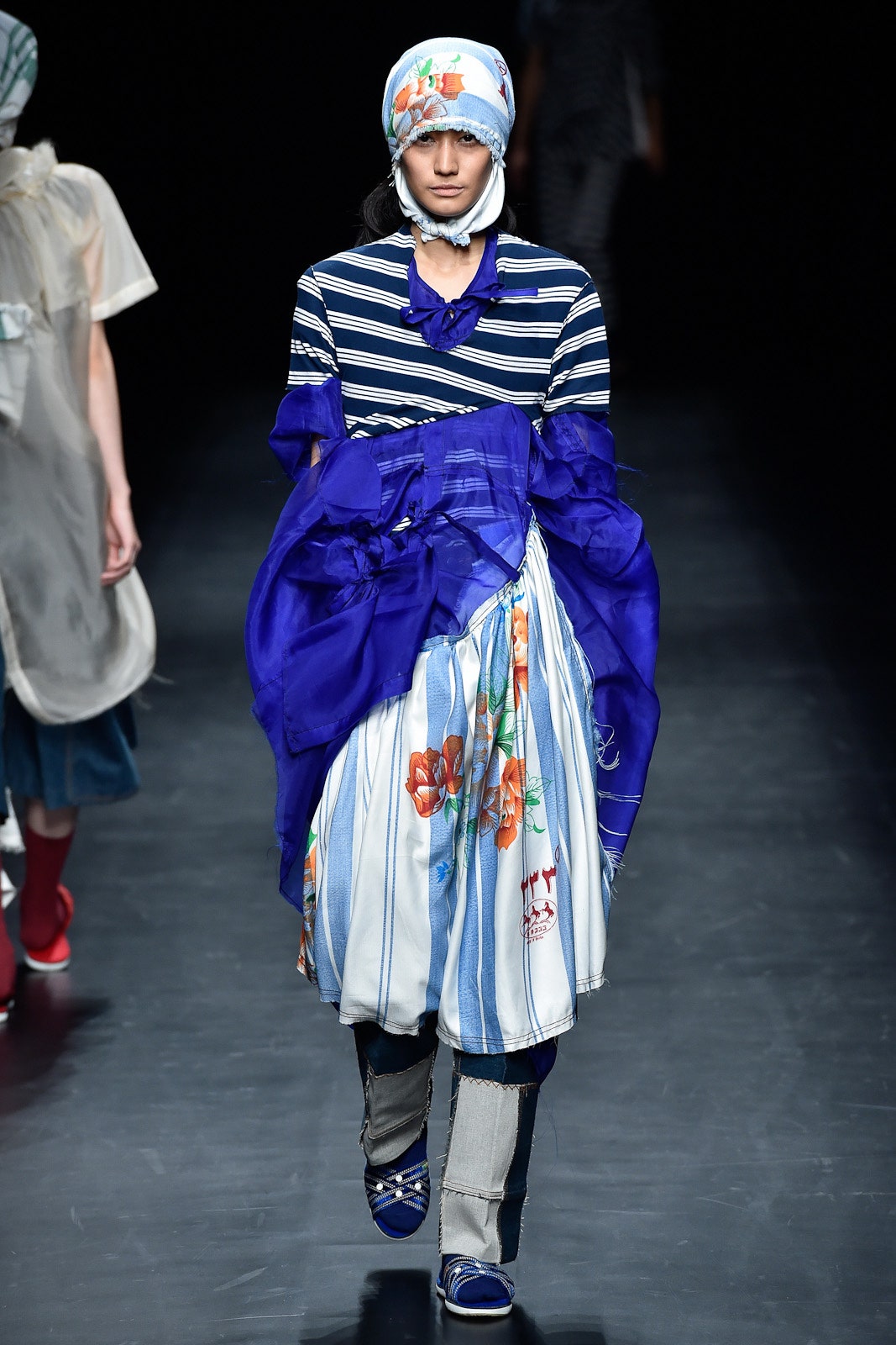 blue and white striped top with asymmetric skirt