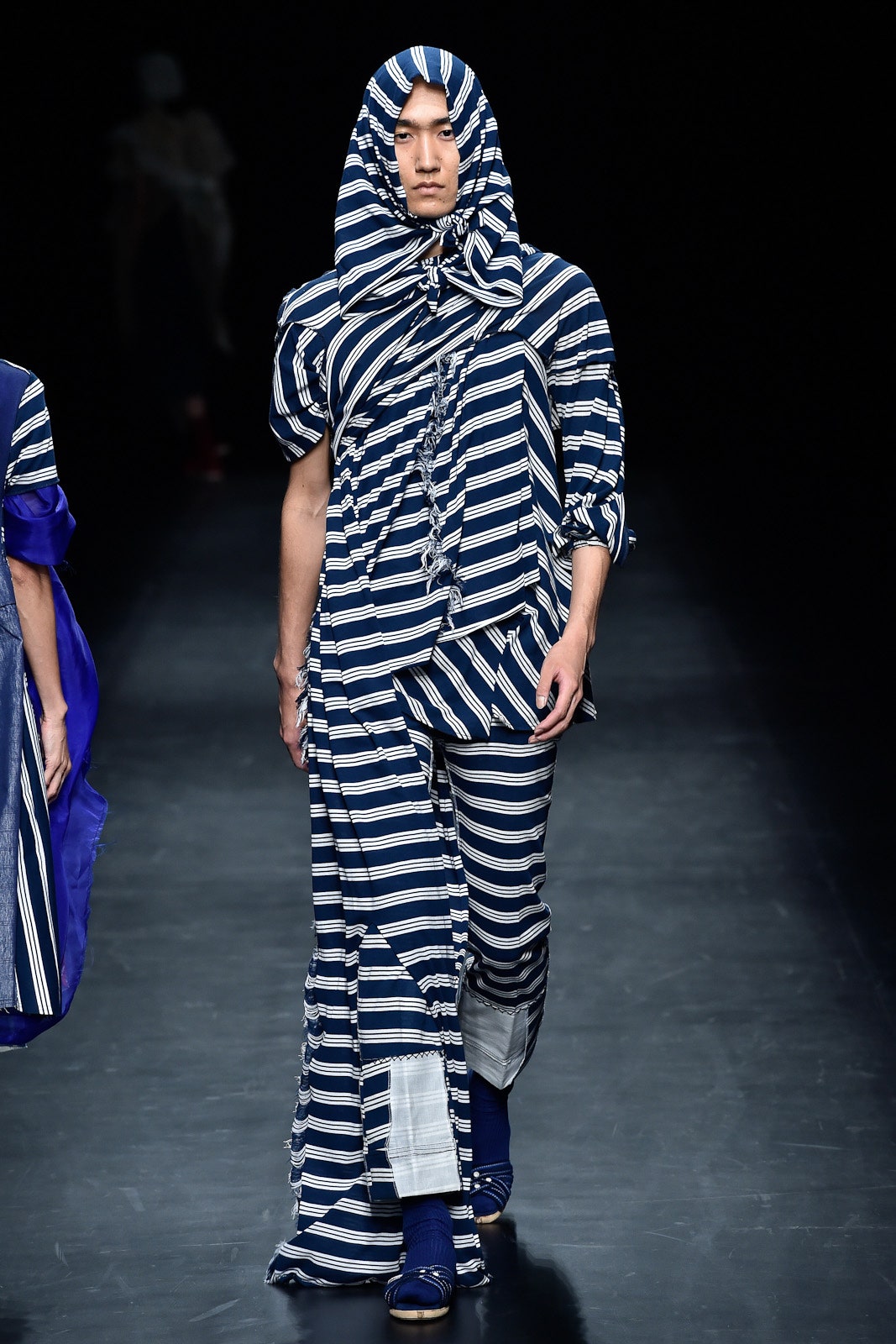 blue and white striped jacket and pants