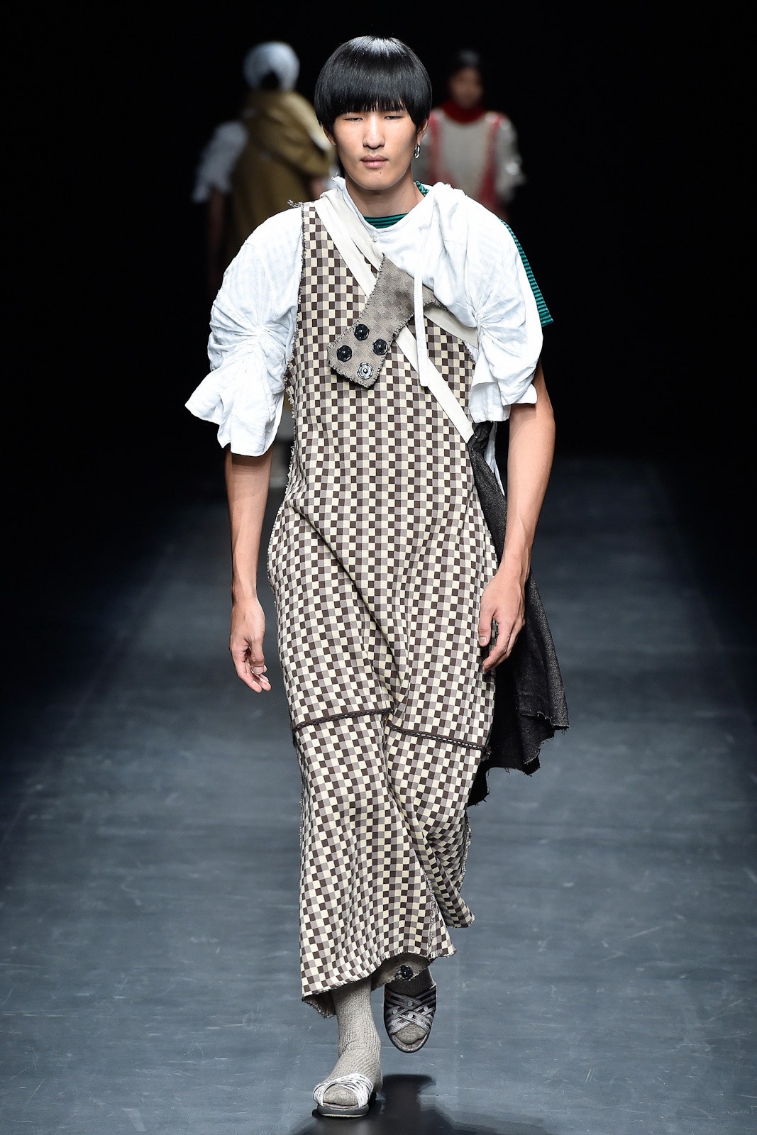 brown and white checked midi dress with oversized shirt