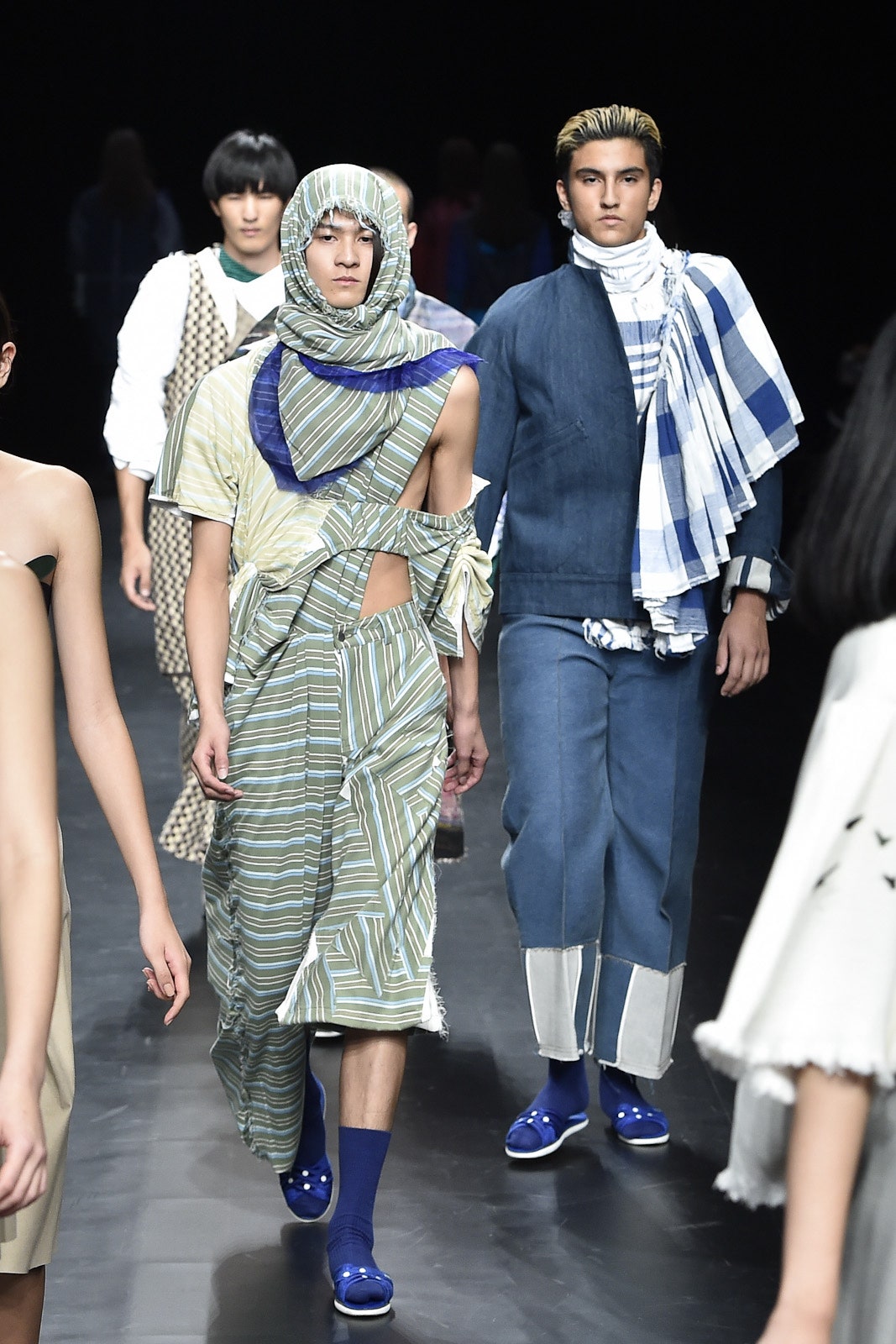 relaxed striped midi dress and tailored denim jacket