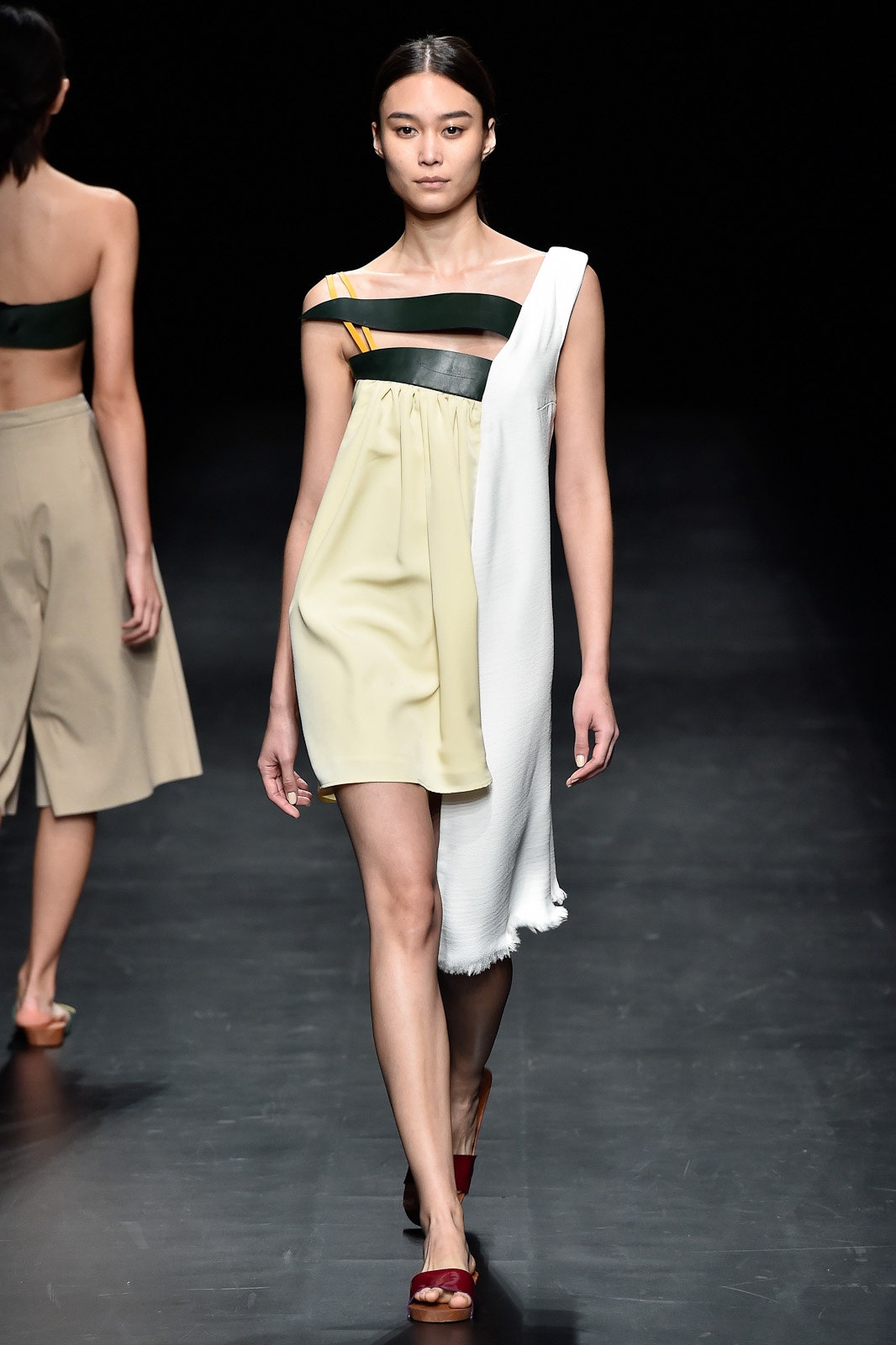 green and yellow off-shoulder dress