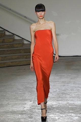 fitted red silk strapless dress