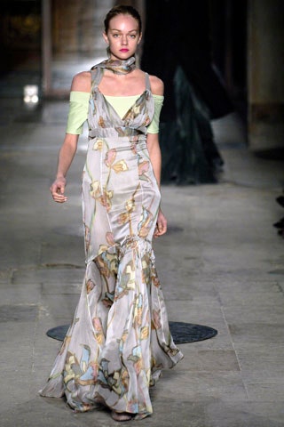 gray floral silk gown with scarf