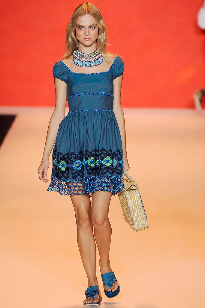 blue cotton short-sleeve square-neck fitted embroidered tiered dress