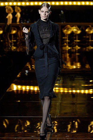 black silk long-sleeve high-neck fitted ruffled blouse