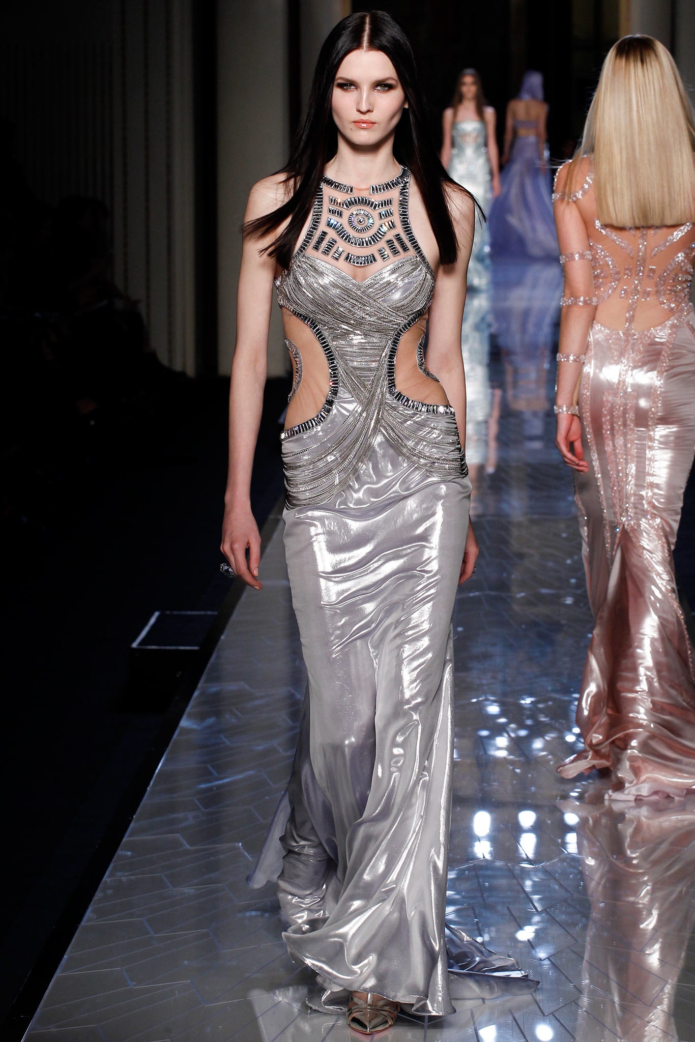 fitted silver silk gown