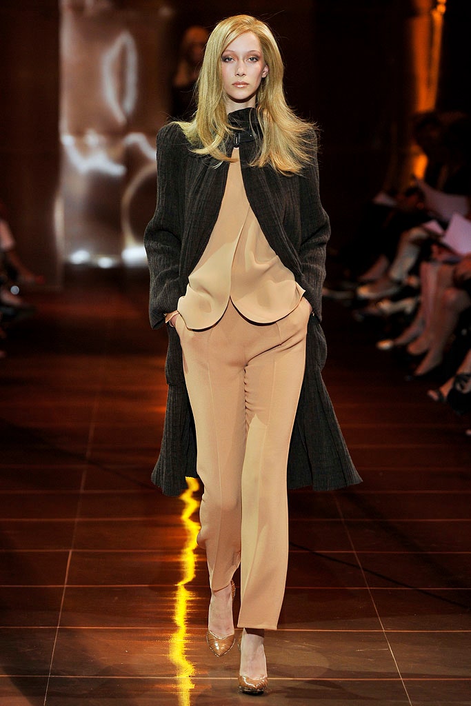 black wool coat beige silk top pants